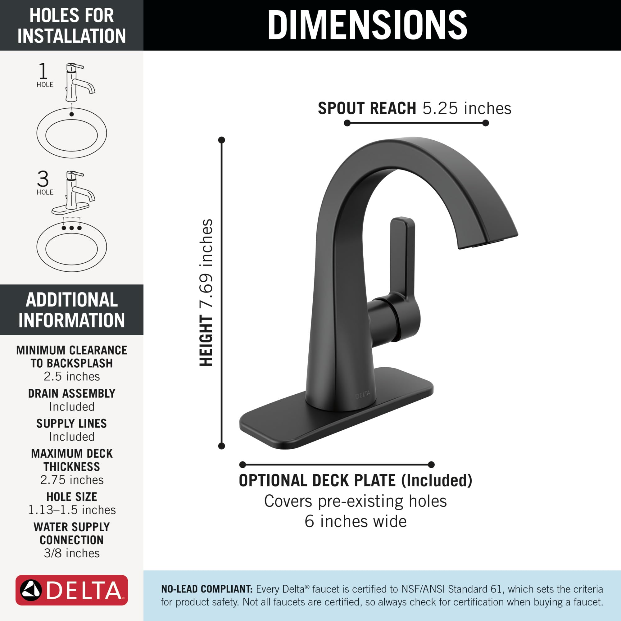 Delta Lineax Matte Black Bathroom Faucet 1 Hole, Single Hole